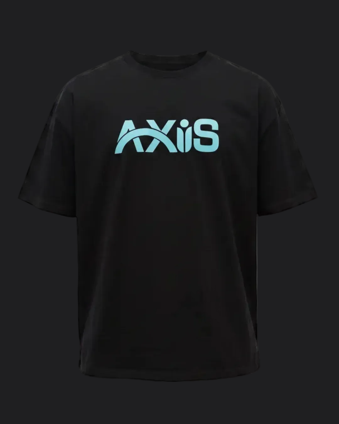 A black short-sleeve crewneck t-shirt featuring a stylized teal 'AXiiS' logo printed across the chest, displayed on a clean white background.