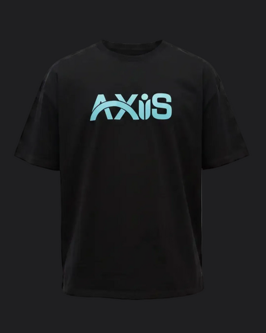 A black short-sleeve crewneck t-shirt featuring a stylized teal 'AXiiS' logo printed across the chest, displayed on a clean white background.